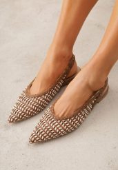 Brązowe Plecione Baleriny z Noskiem w Szpic i Odkrytą Piętą Safire. Brązowe balerinki damskie Born2be, bez wzorów, boho, bez obcasa, bez zapięcia. Za 99.99 zł.