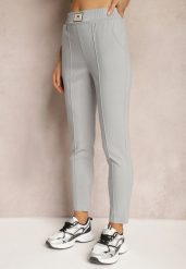 Jasnoszare Spodnie High Waist z Elastycznego Materiału Wykończone Gumką Rigadona. Szare spodnie materiałowe damskie Renee, bez wzorów, z jeansu, eleganckie, z podwyższonym stanem. Za 64.99 zł.