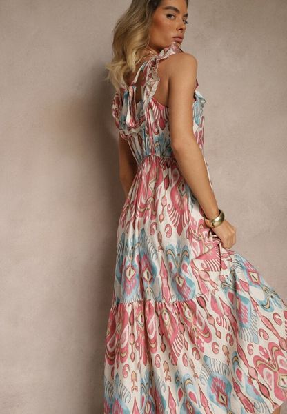 Różowa Sukienka Rozkloszowana Wiskozowa Wiązana na Plecach we Wzór Boho Turieza. Czerwone sukienki damskie Renee, na co dzień, l, bez wzorów, z wiskozy, boho, bez kołnierzyka, bez ramiączek, maxi, proste. Za 69.99 zł.