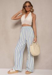 Niebiesko-Żółte Bawełniane Muślinowe Spodnie Szerokie High Waist w Paski Mavirise. Niebieskie spodnie materiałowe damskie Renee, bez wzorów, z bawełny, boho, z podwyższonym stanem. Za 74.99 zł.