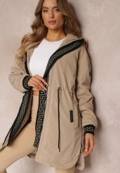 Ciemnobeżowa Kurtka Parka z Geometrycznym Wzorem na Kapturze i Rękawach Lidya. Brązowe kurtki damskie Renee, l, bez wzorów. Za 199.99 zł.
