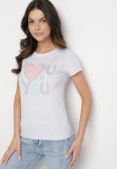 Jasnoszary Bawełniany T-shirt z Sercem i Napisem Olirwenna. Szare t-shirty damskie Born2be, m, bez wzorów, z bawełny, bez kołnierzyka, bez ramiączek. Za 34.99 zł.