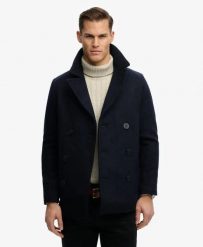 Superdry The Merchant Store - Płaszcz Pea Coat z mieszanki wełny. Niebieskie płaszcze damskie Superdry, l, bez wzorów, z materiału, eleganckie, bez kołnierzyka, bez kaptura. Za 860.55 zł.
