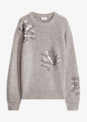 Sweter z aplikacją. Szare swetry nierozpinane damskie bonprix, z aplikacjami, bez kołnierzyka, bez ramiączek. Za 169.99 zł.