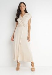 Jasnobeżowa Sukienka Kopertowa Chloriera. Brązowe sukienki damskie Born2be, na imprezę, l, bez wzorów, z tkaniny, eleganckie, bez kołnierzyka, bez ramiączek, maxi, kopertowe. Za 129.99 zł.