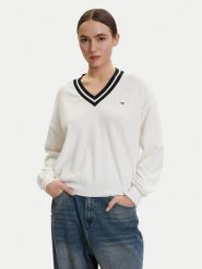 Tommy Jeans Sweter DW0DW22778 Biały Regular Fit. Białe swetry nierozpinane damskie Tommy Jeans, xs, bez wzorów, z bawełny, bez kołnierzyka, bez ramiączek. Za 449.99 zł.