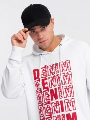 Nierozpinana męska bluza kangurka z kapturem i nadrukiem - biała V3 OM-SSPS-0158 - XXL. Białe bluzy męskie Ombre Clothing, l, bez wzorów, z bawełny, z kapturem. W wyprzedaży za 49.99 zł.