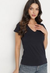 Granatowy T-shirt z Bawełny z Dekoltem w Serek Liniviela. Niebieskie t-shirty damskie Born2be, l, bez wzorów, z bawełny, bez kołnierzyka, bez ramiączek. Za 39.99 zł.