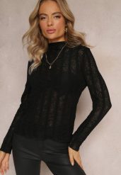 Czarna Bluzka z Ażurowymi Drobnymi Wycięciami Sophanne. Czarne bluzki damskie Renee, m, z aplikacjami, z jeansu, eleganckie, bez kołnierzyka, bez ramiączek. Za 84.99 zł.