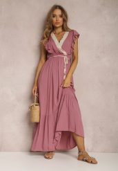 Różowa Sukienka Ampanie. Czerwone sukienki damskie Renee, na co dzień, l, z aplikacjami, z koronki, bez kołnierzyka, bez ramiączek, maxi, kopertowe. Za 74.99 zł.