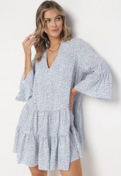 Jasnoniebieska Sukienka Rozkloszowana z Falbankami Chrisley. Niebieskie sukienki damskie Born2be, na imprezę, l, z aplikacjami, bez kołnierzyka, bez ramiączek, mini, rozkloszowane. Za 54.99 zł.