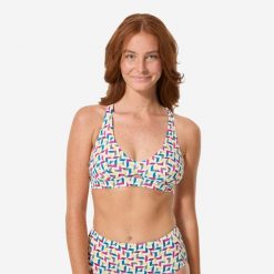 Góra kostiumu kąpielowego surfingowego damska Decathlon Agatha. Brązowe bikini Decathlon, bez wzorów, z elastanu. Za 89.99 zł.