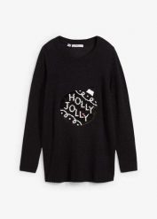 Sweter bożonarodzeniowy z obracanymi cekinami. Czarne swetry nierozpinane damskie bonprix, bez wzorów, bez kołnierzyka, bez ramiączek. Za 129.99 zł.