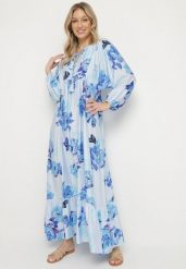 Niebieska Rozkloszowana Sukienka z Wiskozą w Kwiatowy Wzór Ridisandra. Niebieskie sukienki damskie Born2be, na co dzień, l, z aplikacjami, z wiskozy, eleganckie, bez kołnierzyka, bez ramiączek, maxi, rozkloszowane. Za 139.99 zł.