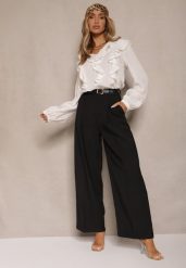 Czarne Garniturowe Spodnie High Waist o Szerokim Kroju Efrase. Czarne spodnie materiałowe damskie Renee, bez wzorów, z jeansu, z podwyższonym stanem. Za 89.99 zł.