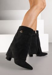 Czarne Botki z Imitacji Zamszu na Słupku z Wywiniętą Cholewką Eleave. Czarne botki damskie Born2be, bez wzorów, z jeansu, bez obcasa, na obcasie, bez zapięcia. Za 159.99 zł.