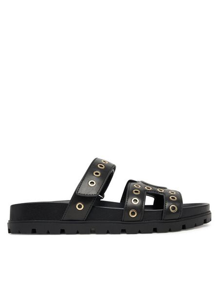 Guess Klapki FLPFAS ELE03 Czarny. Czarne klapki damskie Guess, z aplikacjami, ze skóry, bez obcasa, bez zapięcia. Za 459.99 zł.