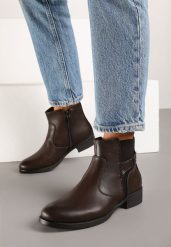 Brązowe Płaskie Botki Ozdobione Nitami i Paskiem Emithvin. Brązowe botki damskie Renee, bez wzorów, z jeansu, eleganckie, bez obcasa, na obcasie, bez zapięcia. Za 54.99 zł.