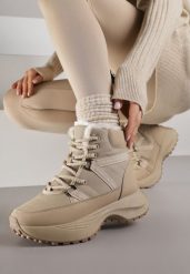 Ciemnobeżowe Sportowe Śniegowce Chunky na Platformie Ishweda. Brązowe obuwie sportowe damskie Renee, bez wzorów, z jeansu, bez zapięcia. Za 119.99 zł.