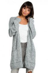 Melanżowy sweter z otwartym przodem i kieszeniami szary. Szare kardigany damskie Polskie swetry, na zimę, s, bez wzorów, z dzianiny, biznesowe, bez kołnierzyka. Za 289.00 zł.