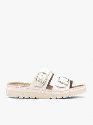 Kremowe klapki z dwoma paskami. Brązowe klapki damskie Ryłko, bez wzorów, ze skóry, eleganckie, z okrągłym noskiem, bez obcasa, na płaskiej podeszwie, bez zapięcia. Za 399.99 zł.