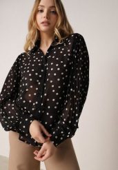 Czarna Bawełniano-Wiskozowa Koszula w Groszki z Plisowanymi Rękawami Ronan. Czarne koszule damskie Born2be, l, bez wzorów, z bawełny, biznesowe, bez kołnierzyka, bez ramiączek. Za 109.99 zł.