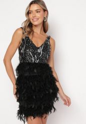 Czarna Sukienka Mini w Pióra i Cekiny Vortega. Czarne sukienki damskie Born2be, s, z aplikacjami, bez kołnierzyka, bez ramiączek, mini. Za 199.99 zł.