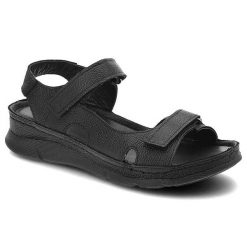 Sandały damskie Kampa, miękka skórzana cholewka regulowane paski na rzep zapewniające dopasowanie, czarne, K192. Czarne sandały damskie KAMPA, bez wzorów, ze skóry, bez obcasa, bez zapięcia. Za 175.00 zł.