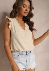 Beżowa Bluzka Top z Ozdobnym Dekoltem i Falbankami przy Ramionach Briara. Brązowe bluzki damskie Renee, l, bez wzorów, bez kołnierzyka, bez ramiączek. Za 49.99 zł.