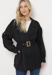 Czarny Krótki Płaszcz z Bufiastymi Rękawami i Elastycznym Paskiem z Klamrą Lirenda. Czarne płaszcze damskie Born2be, l, bez wzorów, eleganckie, bez kołnierzyka, bez kaptura. Za 159.99 zł.