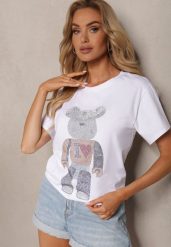 Biały Bawełniany T-shirt z Krótkim Rękawem i Cyrkoniami Risarie. Białe t-shirty damskie Renee, bez wzorów, z bawełny, bez kołnierzyka, bez ramiączek. Za 44.99 zł.
