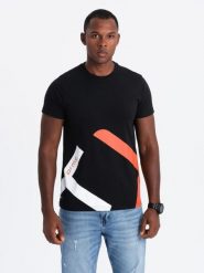 Bawełniany męski t-shirt z kontrastowym dwukolorowym printem – czarny V1 - Rozmiar: S. Czarne t-shirty męskie Ombre Clothing, m, bez wzorów, z bawełny, bez kołnierzyka, bez ramiączek. W wyprzedaży za 38.50 zł.
