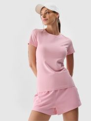 4F T-shirt slim gładki damski - różowy L. Czerwone t-shirty damskie 4F, l, bez wzorów, z bawełny, klasyczne, bez kołnierzyka, bez ramiączek. Za 39.99 zł.