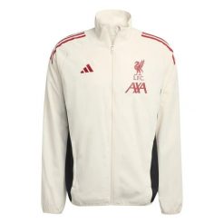 Kurtka treningowa Prematch Liverpool FC 2025/26. Białe kurtki sportowe męskie Adidas, l, bez wzorów, z materiału, bez kaptura, na fitness i siłownię. Za 326.00 zł.