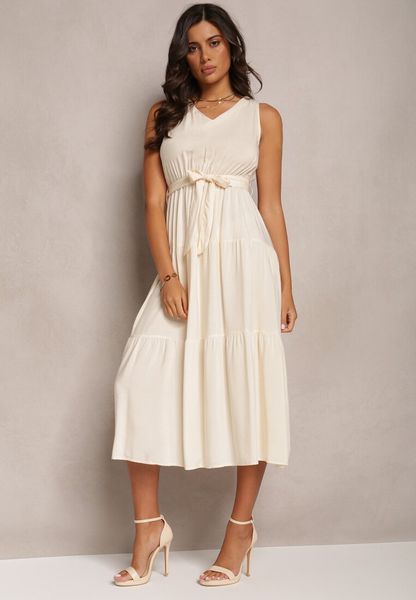 Beżowa Wiązana Sukienka Midi bez Rękawów z Gumką w Talii Mideyo. Brązowe sukienki damskie Renee, l, bez wzorów, z tkaniny, bez kołnierzyka, bez ramiączek, midi, kopertowe. Za 69.99 zł.