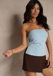 Jasnoniebieski Top Bandeau z Wiskozą z Ozdobnymi Rozcięciami Saliera. Niebieskie topy damskie Renee, l, z aplikacjami, z jeansu, bez kołnierzyka, bez ramiączek. Za 59.99 zł.