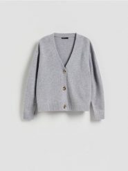 Wełniany kardigan - jasnoszary. Szare kardigany damskie Reserved, l, bez wzorów, z wełny, bez kołnierzyka. Za 199.99 zł.