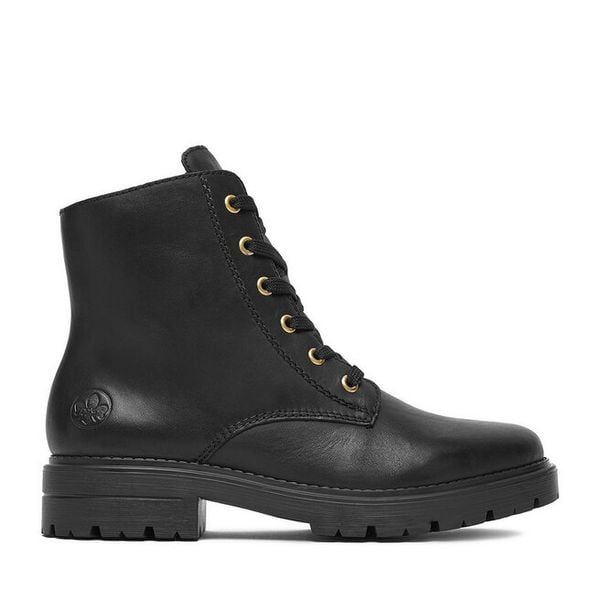 Trzewiki Rieker. Czarne botki damskie Rieker, bez wzorów, bez obcasa, na płaskiej podeszwie, bez zapięcia. Za 359.99 zł.