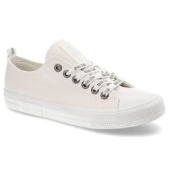 Trampki damskie Big Star, cholewka z materiału tekstylnego o płóciennej strukturze z klasycznym sznurowaniem i metalowymi przelotkam, biały, KK274105. Białe trampki i tenisówki damskie BIG STAR, bez wzorów, z dresówki, bez zapięcia. Za 110.99 zł.