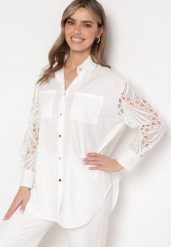 Biała Koszula Oversize z Ażurowym Wzorem na Rękawach Vadena. Białe koszule damskie Born2be, m, w ażurowe wzory, z jeansu, eleganckie, bez kołnierzyka, bez ramiączek. Za 84.99 zł.