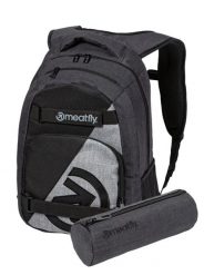 Plecak z paskami na deskorolkę 24L – szary Meatfly + piórnik. Szare plecaki męskie Meatfly, bez wzorów, z materiału, sportowe. Za 237.99 zł.