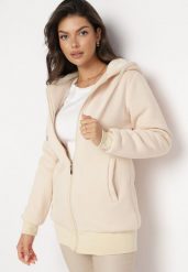 Jasnobeżowa Bluza Ocieplana Sztucznym Futerkiem z Kapturem i Kieszeniami Violanda. Brązowe bluzy damskie Born2be, l, bez wzorów, bez ramiączek, z kapturem. Za 64.99 zł.