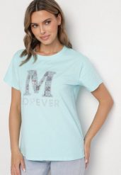 Jasnoniebieski T-shirt z Bawełny Ozdobiony Napisem i Cyrkoniami Olireth. Niebieskie t-shirty damskie Born2be, l, bez wzorów, z bawełny, eleganckie, bez kołnierzyka, bez ramiączek. Za 34.99 zł.
