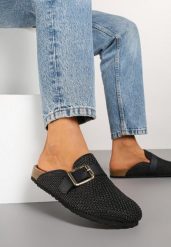 Czarne Klapki Chodaki Ozdobione Klamrą Leanille. Czarne klapki damskie Renee, bez wzorów, z jeansu, eleganckie, bez obcasa, na płaskiej podeszwie, bez zapięcia. W wyprzedaży za 82.49 zł.