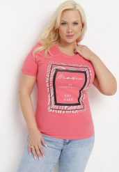 Różowy Bawełniany T-shirt Koszulka z Krótkim Rękawem Ozdobiona Nadrukiem i Cyrkoniami Codara. Czerwone bluzki damskie Born2be, l, bez wzorów, z bawełny, bez kołnierzyka, plus size, bez ramiączek. Za 34.99 zł.