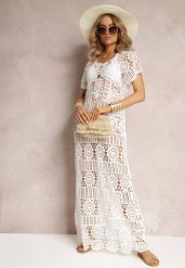 Biała Ażurowa Sukienka Plażowa z Bawełny Taymbeth. Białe sukienki damskie Renee, na co dzień, na lato, s, w ażurowe wzory, z bawełny, eleganckie, bez kołnierzyka, bez ramiączek, maxi. Za 139.99 zł.
