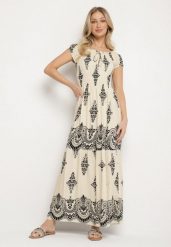 Beżowa Wiskozowa Sukienka z Marszczoną Góra i Wzorem Boho Ellifae. Brązowe sukienki damskie Born2be, na spotkanie biznesowe, l, z aplikacjami, z wiskozy, boho, bez kołnierzyka, bez ramiączek, maxi. Za 54.99 zł.