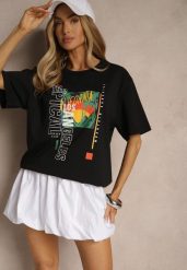 Czarna Koszulka T-shirt z Bawełny Zdobiona Oryginalnym Nadrukiem Savindrae. Czarne bluzki damskie Renee, l, z aplikacjami, z bawełny, eleganckie, bez kołnierzyka, bez ramiączek. Za 29.99 zł.