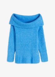 Sweter off-shoulder. Niebieskie swetry nierozpinane damskie bonprix, bez wzorów, bez kołnierzyka, bez ramiączek. Za 149.99 zł.