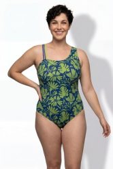 Damskie Strój kąpielowy kwiaty miękkie miseczki okrągły dekolt. Niebieskie stroje kąpielowe damskie Ulla Popken, plus size, bez wzorów, z elastanu. Za 191.99 zł.